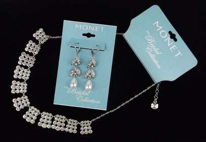 New Monet Rhinestone Bridal Necklace Earrings 20" $56