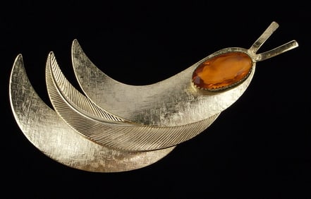 Mint Vintage 1960s MOD Rhinestone Feather Brooch