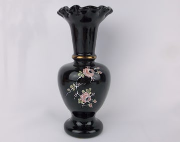 Mint Vint Fenton Hand Painted Black Amethyst Vase Signed