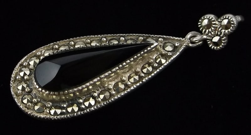 Mint Big Vintage Sterling Silver Onyx Marcasite Pendant: Guaranteed Solid 925 Sterling Silver, in Excellent Condition