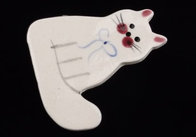 Mint Vintage Salt Glaze Pottery Hand Painted Cat Brooch