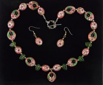 Mint 1960s Vintage Cloisonne Necklace Earrings Set 18"