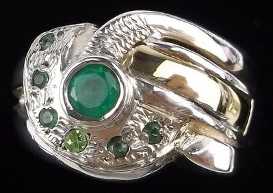Mint Thick Designer Vint Sterling 14kt Gold Emerald Ring 7.5