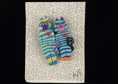 New Vint L Balombini Polymer Clay Cat Brooch Signed
