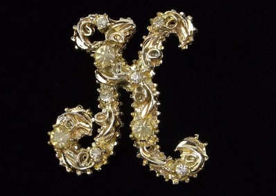 Mint Vintage 1950s Ornate Rhinestone Initial K Brooch