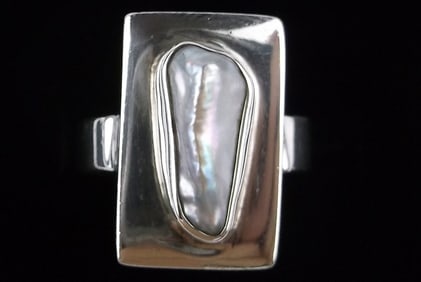Big Mint Thick Vint Taxco Sterling Silver Abalone Ring 7.5