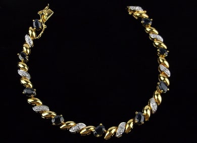 New Gold Over Sterling Diamond Sapphire Tennis Bracelet 7.5"