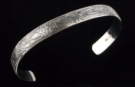 Mint Antique 1940s Sterling Silver Flower Cuff Bracelet 6-7.5"