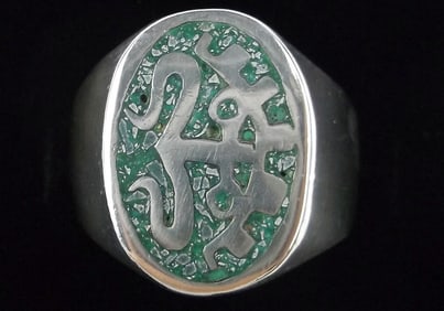 Mint 1950s Taxco Sterling Silver Mayan Turquoise Ring 10 SAP