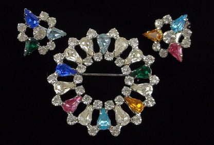 New Vintage 1960s Boxed B David Rhinestone Brooch Earrings