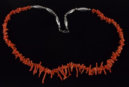 Mint Big 1950s Navajo Sterling Silver Red Coral Necklace 28"
