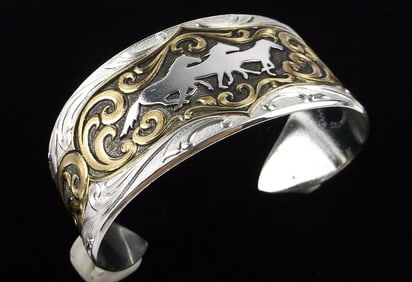 Big Stunning Montana Silversmiths Horse Cuff Bracelet 7-8" Vint
