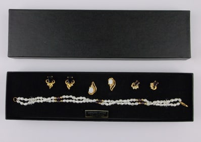 New Boxed Vint Opal Pearl Garnet Onyx Earrings Bracelet 7.5"
