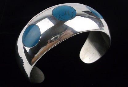 Mint Big 1970s Taxco Sterling Turquoise Cuff Bracelet 7.5" TE13