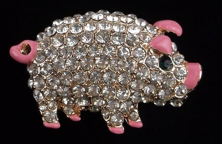New Boxed Monet Enameled Rhinestone Pig Brooch