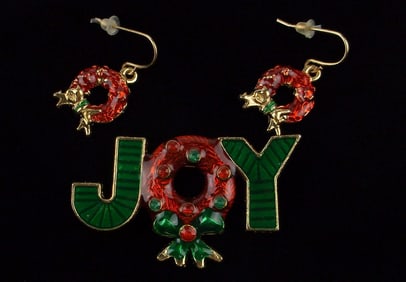 New Vintage Enameled Rhinestone Christmas Brooch Earrings