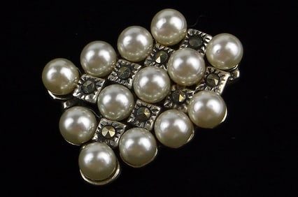 Mint Vintage Sterling Silver Pearl Marcasite Pendant