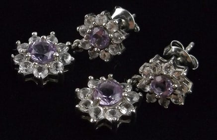 New Vintage Thick Sterling Silver Amethyst Topaz Earrings