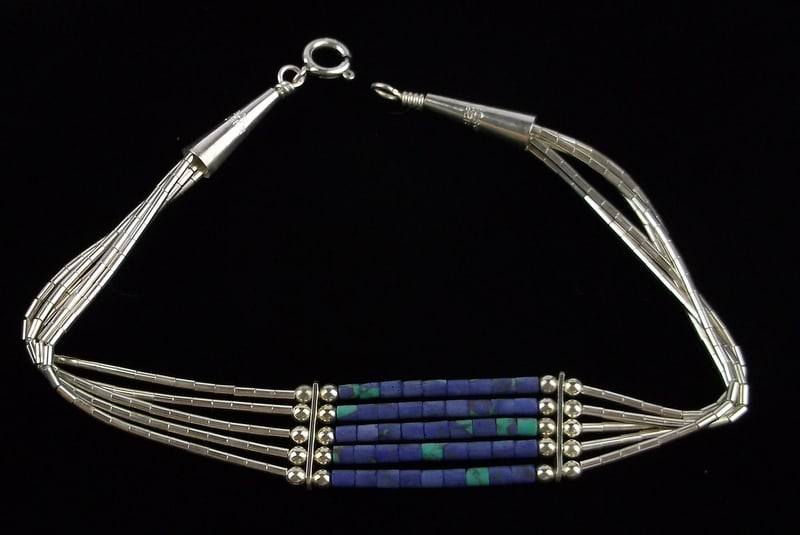New Navajo Sterling Silver Lapis 5 Row Bracelet 7.5": y A New Handmade Navajo or Zuni Sterling Silver Jewelry Item