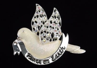 New Boxed Monet Rhinestone Dove Christmas Peace Brooch