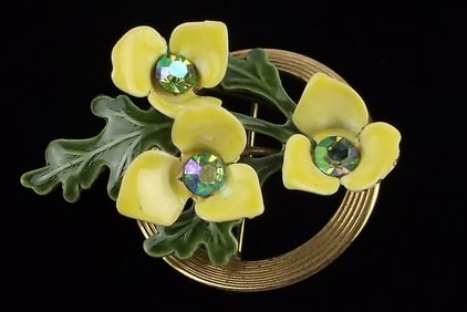 Stunning Vintage 1950s Enameled Rhinestone Flower Brooch