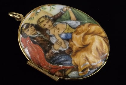 Stunning Antique 1950s Enameled Lady Gent Locket Pendant