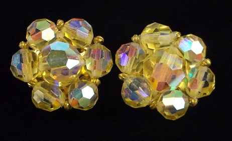 Stunning Vint 1950s Canary Yellow Crystal Earrings Set