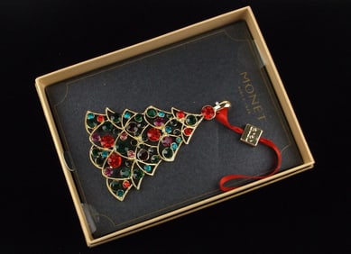 New Boxed Large Monet Rhinestone Christmas Tree Ornament