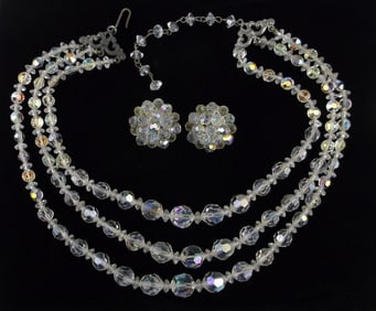 Stunning Antique 1940s Crystal Necklace Earrings Set 16"