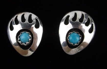 New Navajo Gaynell Parker Sterling Turquoise Bear Paw Earrings