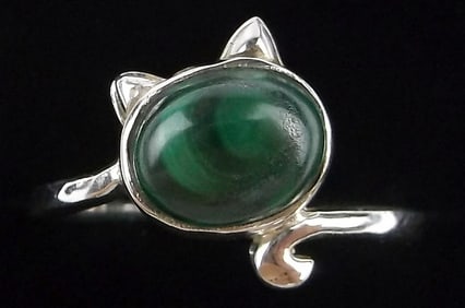 New Sterling Silver Malachite Cat Ring 7.5