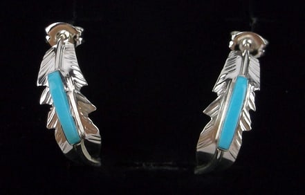 New Navajo Allen Barney Sterling Turquoise Feather Earrings