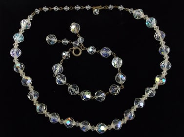 Mint Antique 1950s Crystal Necklace Bracelet Set 7" 16"