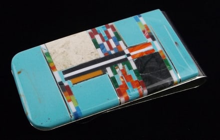 New Navajo Turquoise Multi Inlay Money Clip