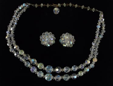 Gorgeous Antique 1950s Crystal Necklace Earrings Set 16"
