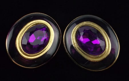 Stunning Vintage Big Enameled Rhinestone Earrings