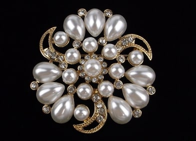 New Boxed Monet Enameled Rhinestone Faux Pearl Brooch