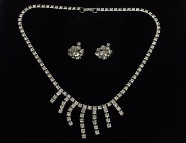 Mint Antique 1940s Rhinestone Necklace Earrings Set 15"