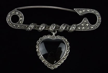 Mint Vintage Heavy Big Sterling Silver Marcasite Heart Brooch