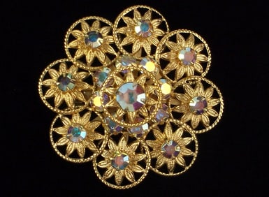 New Vintage 1960s Aurora Borealis Rhinestone Brooch