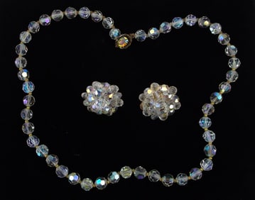 Stunning Antique 1940s Crystal Necklace Earrings Set 18"