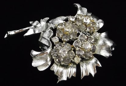 Big Mint Vintage 1960s Designer Rhinestone Flower Brooch