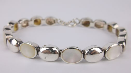 Mint Thick Vint Heavy Sterling Silver MOP Bracelet 7.5"