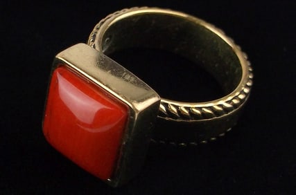 New Big Barse Bronze Red Coral Ring 7