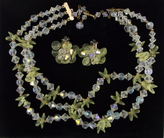 Stunning Antique 1940s Crystal Necklace Earrings 17"