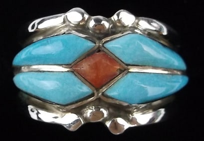 Mint Navajo Sterling Silver Ray Sterling Coral Turquoise Ring 6.25