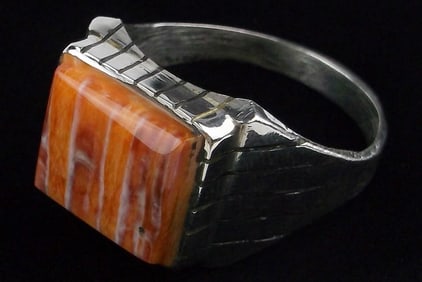 Big New Navajo Sterling Silver Ray Jack Orange Spiny Ring 13 Mens