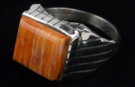 New Big Navajo Ray Jack Sterling Silver Orange Spiny Ring 12 Mens