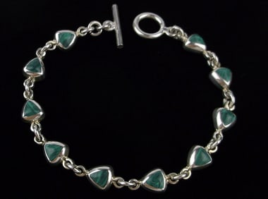 Mint Thick Heavy Vint Taxco Sterling Malachite Bracelet 8.25" TO80