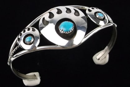 New Navajo Esther White Sterling Turquoise Bear Cuff Bracelet 7-8"